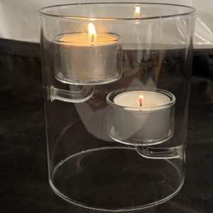 Glaszylinder ohne Boden für zwei Teelichte, Teelichthalter mundgeblasen aus klarem Borosilikat Glas Durchmesser 10 cm Höhe 12 cm