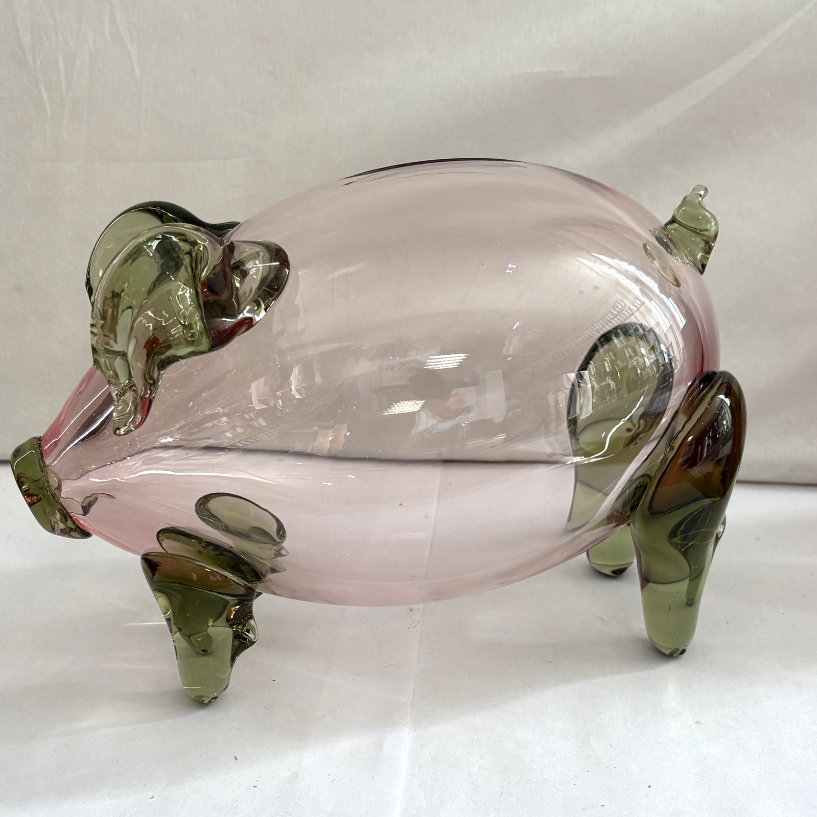 XL großes Sparschwein Kunst Glas Design Unikat Spardose Sparbüchse Transparent mit grün Höhe 14 cm Länge 22 cm Klarglas Breite 13 cmmundgeblasen