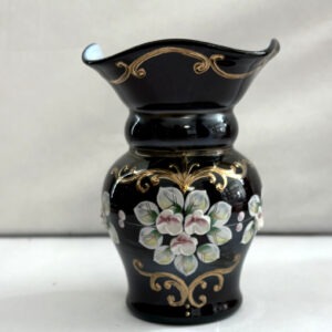 Antike Glas Vase mundgeblasen Höhe ca. 11,5 cm obere Öffnung ca. 9,5 cm schwarz mit aufwendiger Bemalung